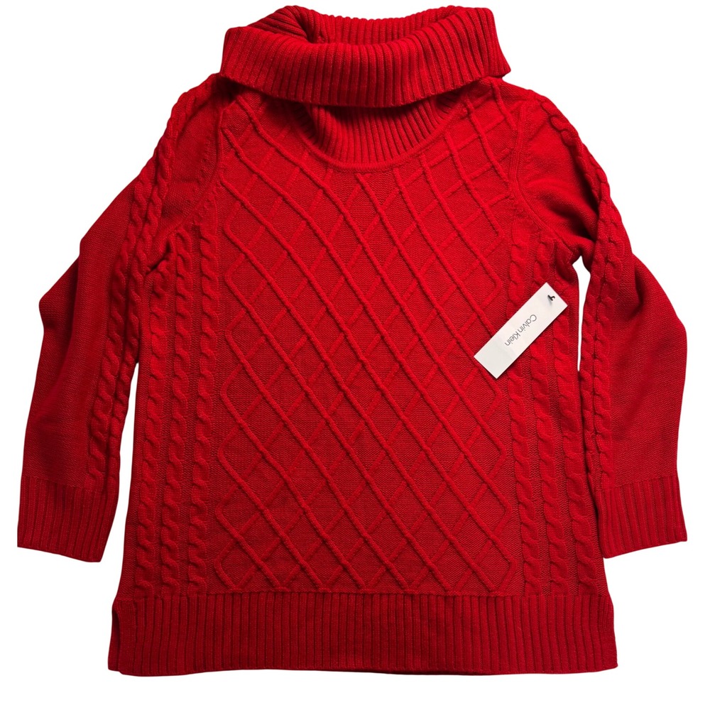 Calvin Klein Red Dare Cable Knit Turtleneck Sweater Womens Large NWT